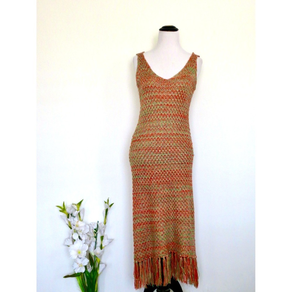 NEW! Crochet Knit Midi Dress Fringe Hem Sleeveless Bohemian Orange Green SZ S - Picture 6 of 11